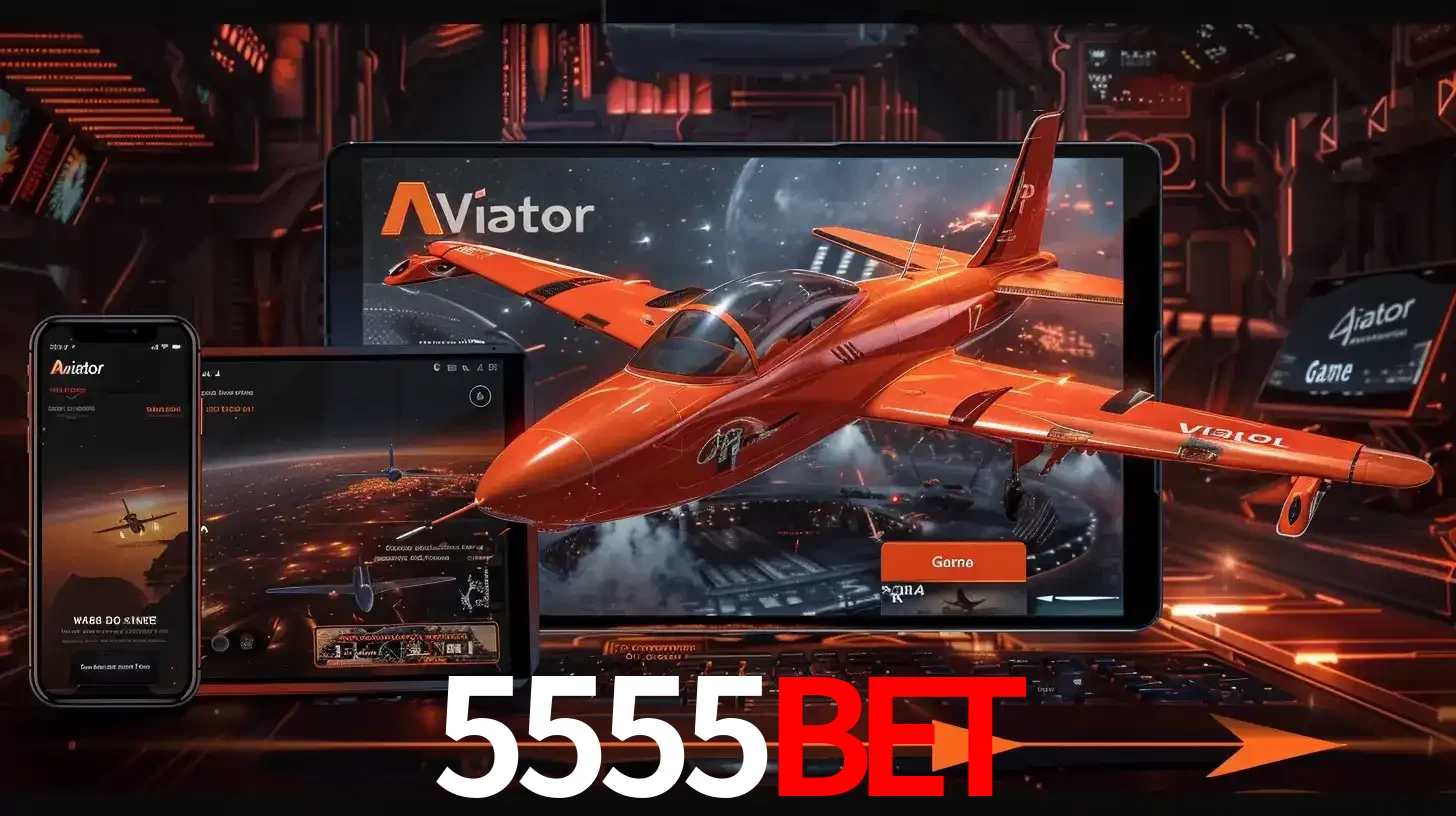Apresentação tecnológica do jogo Aviator com um avião saindo da tela de um tablet, demonstrando a experiência imersiva em múltiplos dispositivos no 5555BET.