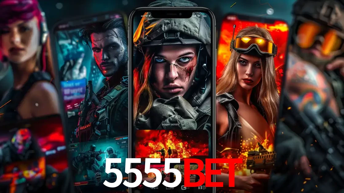 Montagem de telas de celular mostrando diversos personagens, masculinos e femininos, de um jogo de tiro, ilustrando a diversidade de equipes de e-sports para apostar no 5555BET.