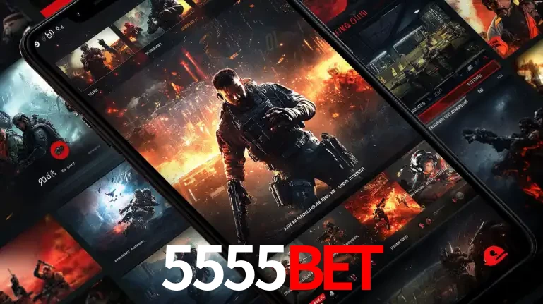 Tela de um celular exibindo uma galeria de jogos de tiro com temática militar, mostrando a variedade de e-sports disponíveis para apostas na plataforma de entretenimento 5555BET.