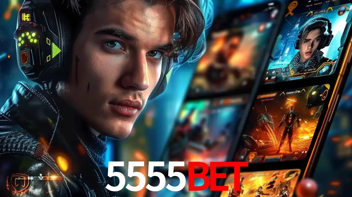 Jovem jogador com fones de ouvido olhando para a câmera, com um aplicativo de jogos e e-sports para celular ao fundo, pronto para a competição e apostas no 5555BET.