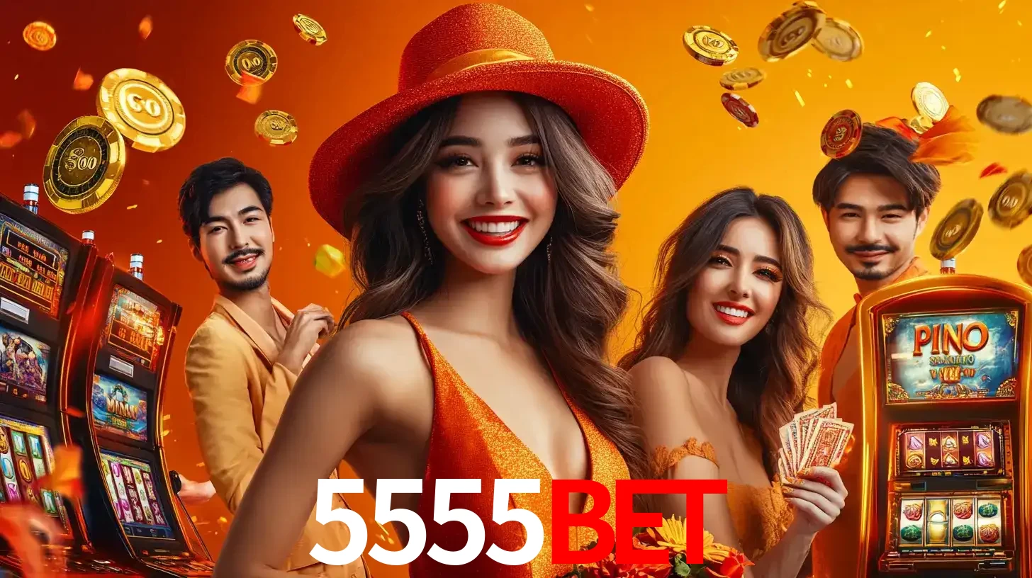 Grupo de amigos asiáticos sorrindo e se divertindo com máquinas de caça-níqueis em um ambiente festivo, celebrando suas vitórias nos jogos de cassino do 5555BET.
