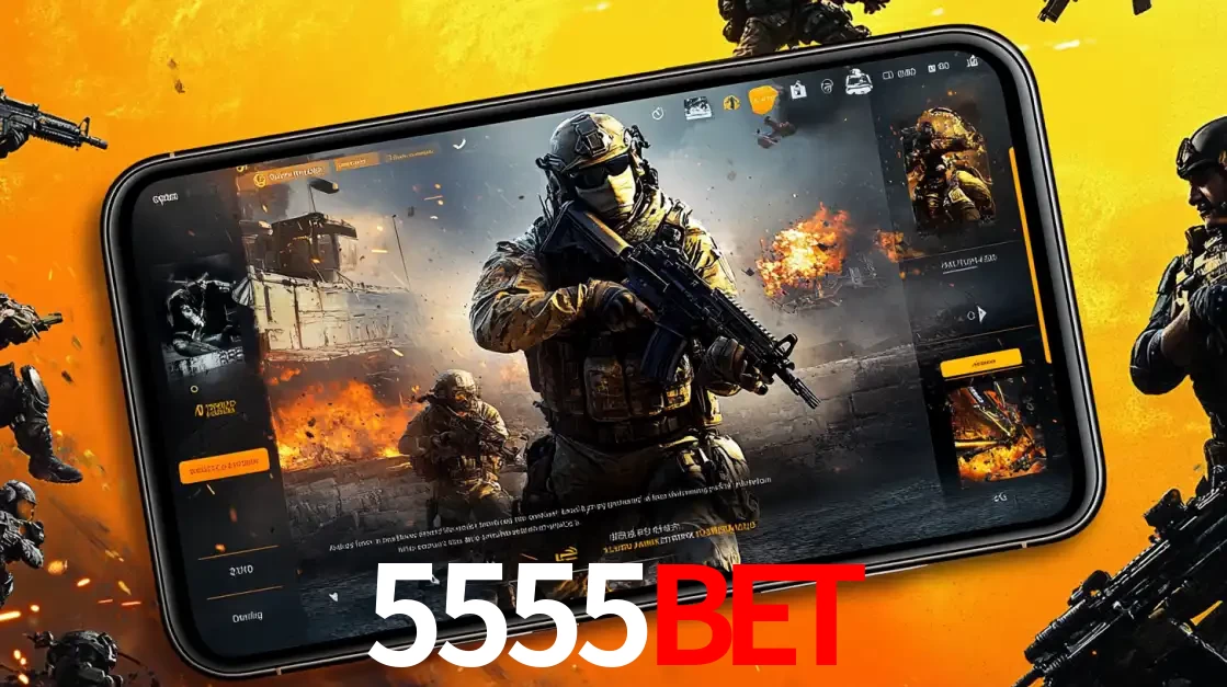 Um smartphone exibindo a interface de um jogo de tiro em primeira pessoa, com um soldado em um cenário de batalha, representando a ação dos e-sports para apostar no 5555BET.