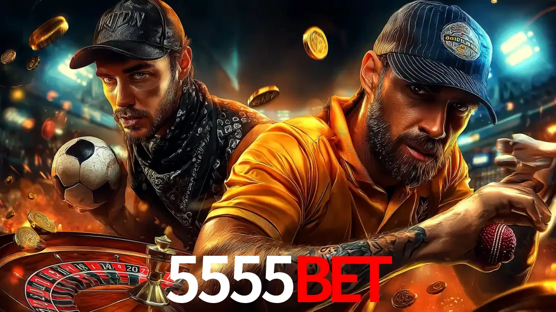 Montagem de apostas esportivas e cassino no 5555BET, com um homem segurando uma bola de futebol e outro uma de beisebol sobre uma roleta e moedas voadoras.