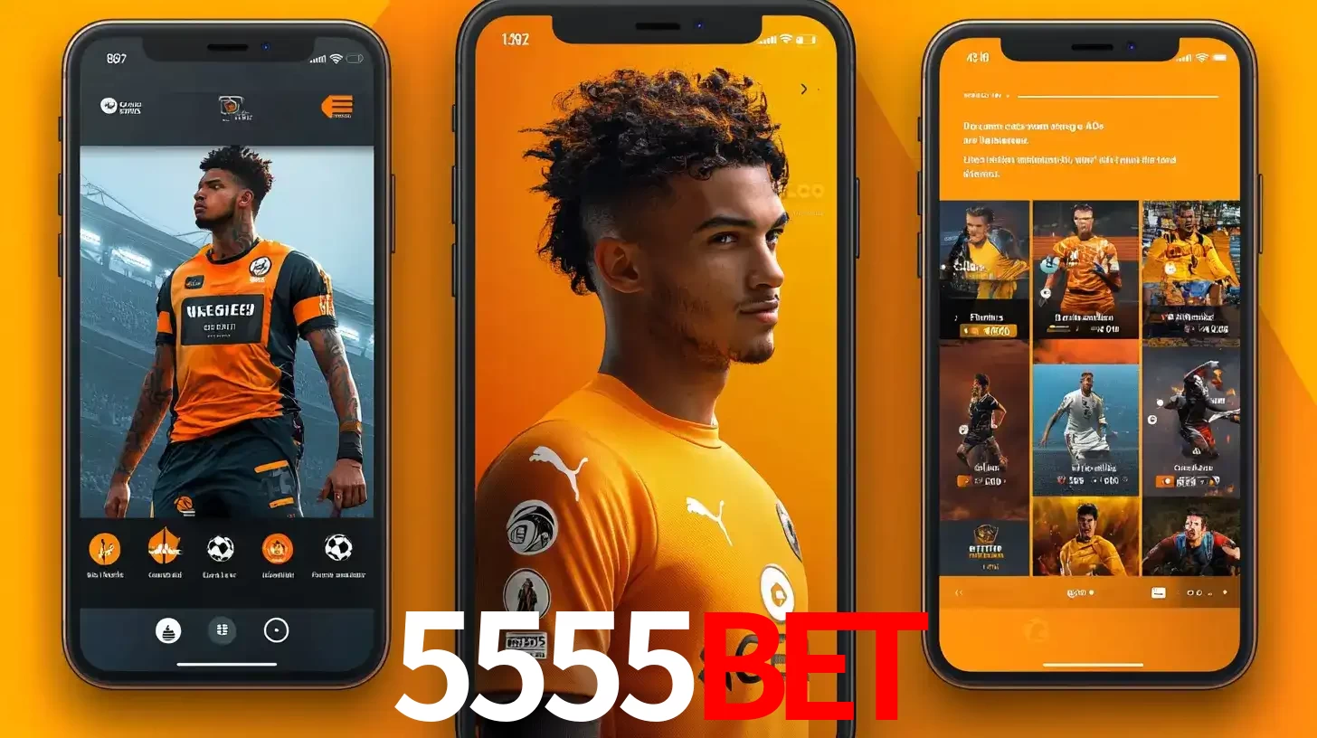 Interface do aplicativo de apostas esportivas 5555BET em três telas de celular, mostrando o perfil de um jogador de futebol e a lista de jogos disponíveis para apostar.