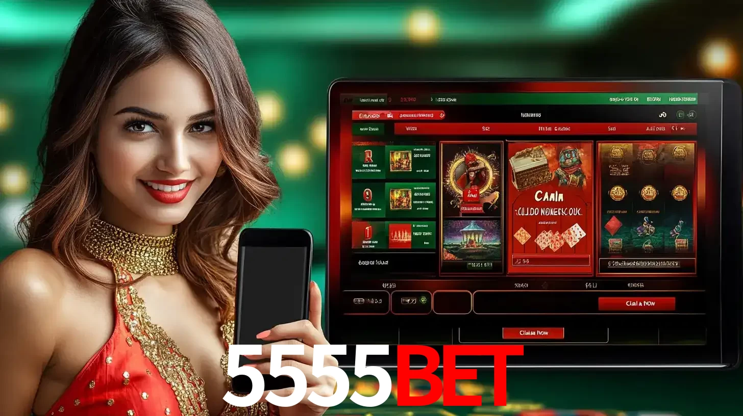 Mulher sorridente segurando um smartphone, ao lado de uma tela exibindo o lobby de jogos do cassino online 5555BET, com várias opções de jogos de cartas e slots.